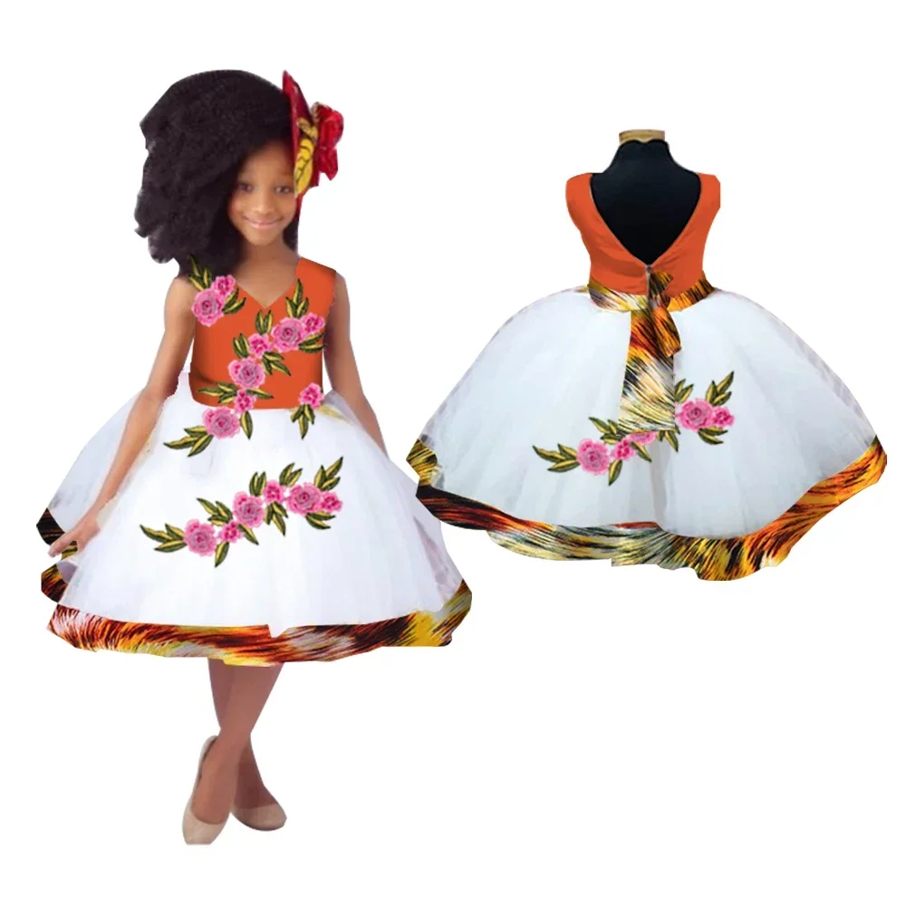 

Платье принцессы без рукавов в африканском стиле, африканские платья Danshiki, детское кружевное платье с принтом для девочек, можно настроить KG655