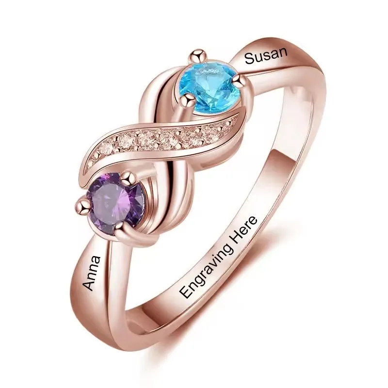 Personalisierter gravierter Namens-Infinity-Ring mit 2 Geburtssteinen, individueller Versprechensring für Frauen, Mütter und Familien – Schmuck – Detail 5