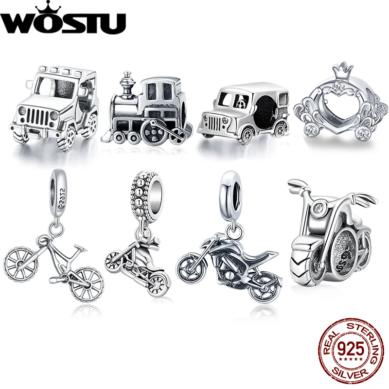 WOSTU klasyczny rower motocykl Charms 925 srebro pociąg samochodowy koraliki Fit oryginalna bransoletka naszyjnik DIY biżuteria Punk