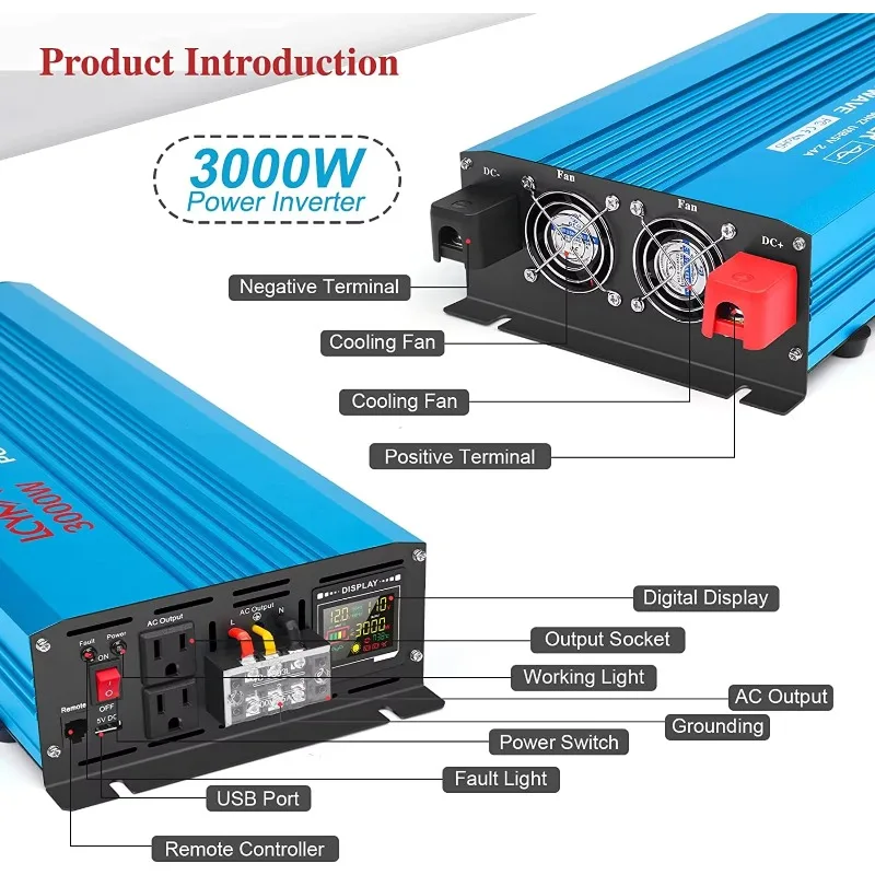 US Warehouse Inventory 1000w 2000w Dc 12v 24v to AC 110v Pure Sine Wave Inverter Solar Inverter 3000w