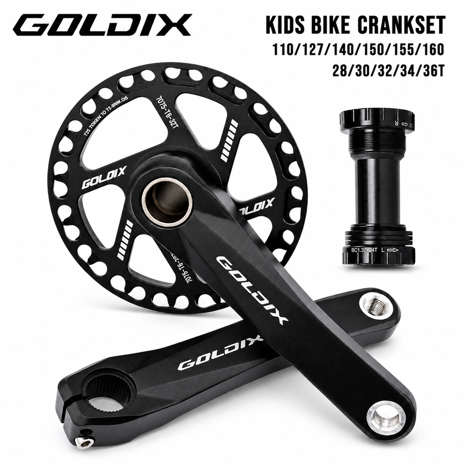 GOLDIX Kids Bike Crankset 110/127/140/150/155mm Length Aluminum Alloy Forged Crank Arm CNC Machining with Chainring Guard