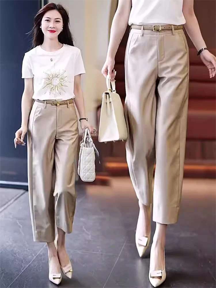 Fashionable High Waist Thin Tube Pants Women's Casual Straight Leg Harlan Pants Multi-Purpose Slimming Nine-Tenths Length