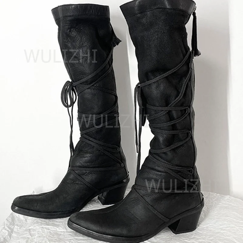 

Black Patchwork Loose Straps Leather Lace Up Boots Women Chunky Heel Pointed Calf Length Design Cool Party Shoes Girls Spring