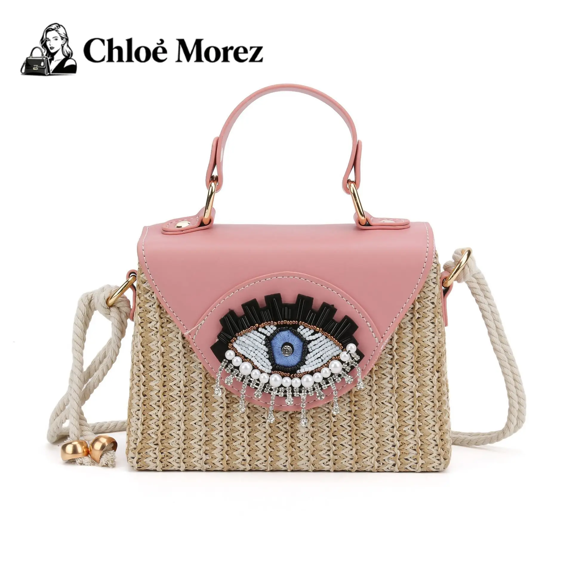 

Woven Women's Bag Cartoon Big Eyes Funny Handbag Versatile Crossbody Beach Bag Handbag