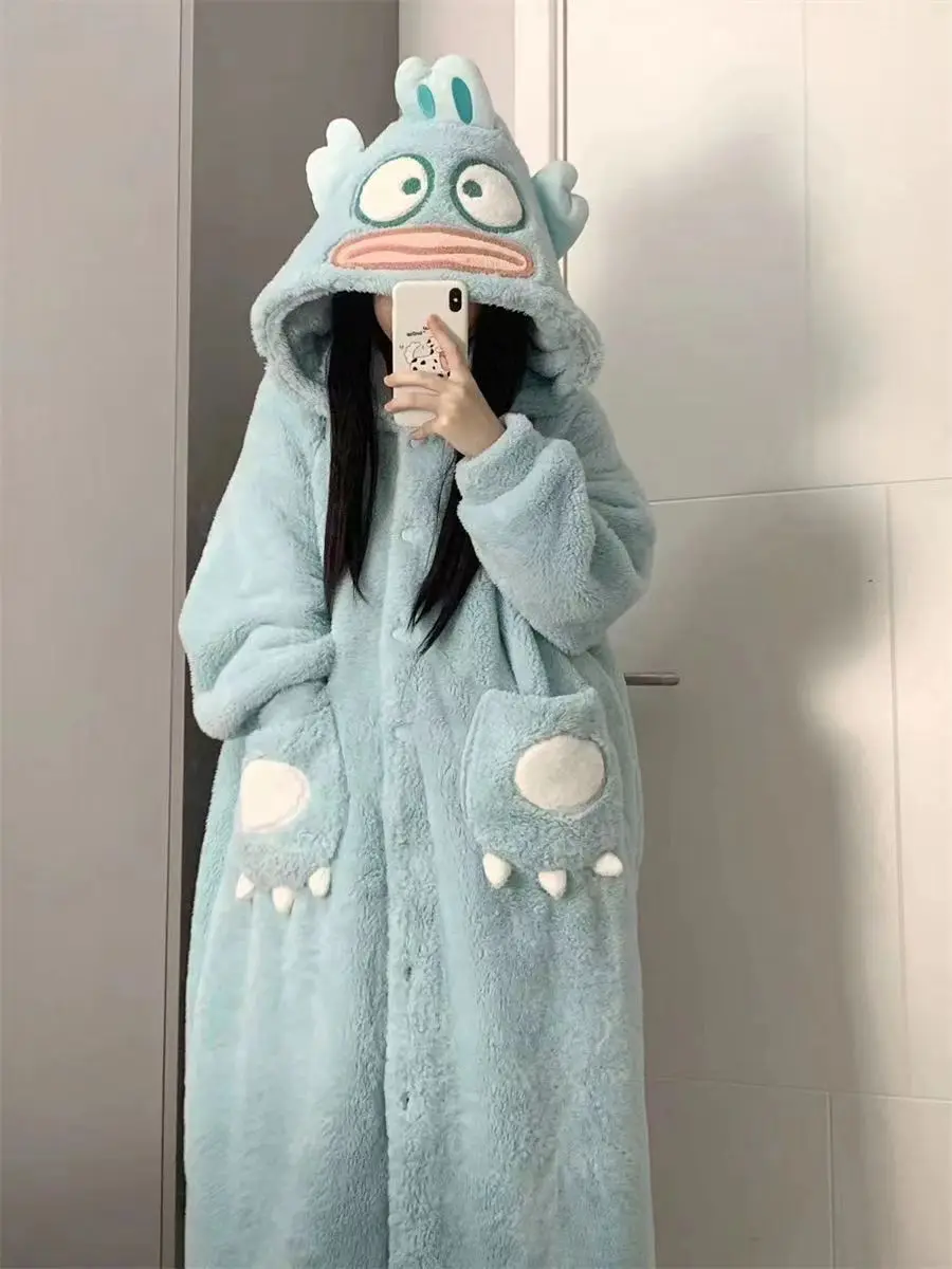 Clownfish Cosplay Costume Coral Fleece Robe Women Cartoon Pajamas for Adults Knee Length Sleepwear Blue Pyjamas Party Holiday