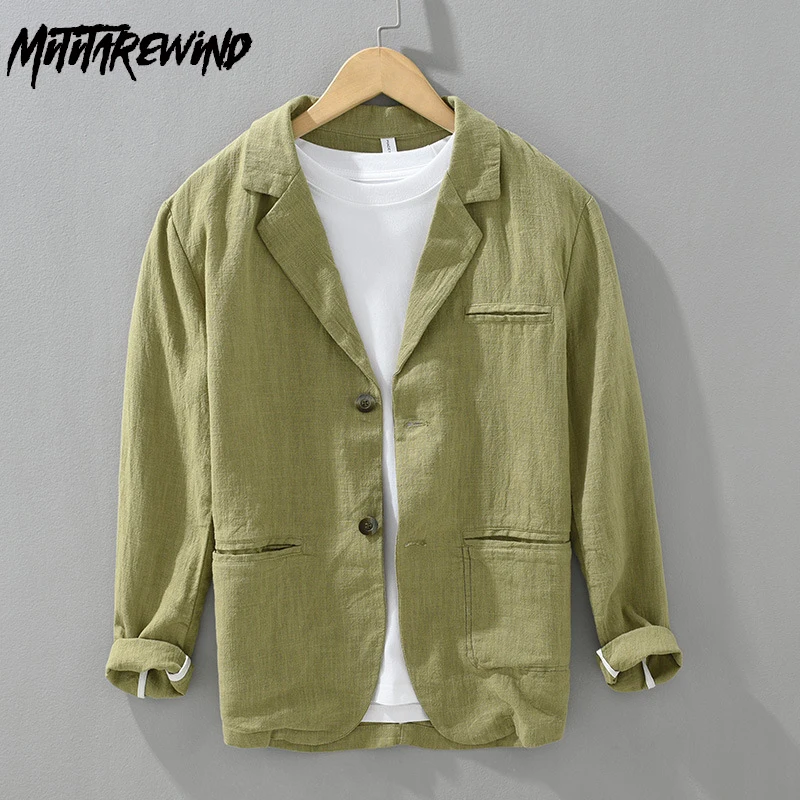 2024 New Cotton Linen Men\'s Blazer Spring Summer Daily Casual Blazers Loose Green Suit Jackets Japanese Retro Youth Male Suit