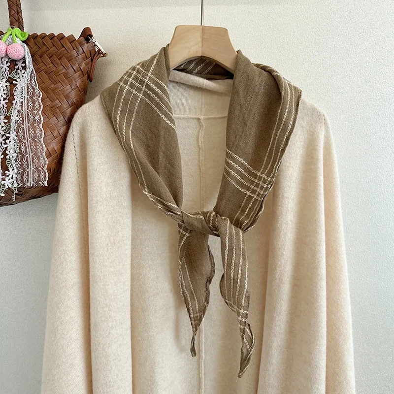 

New silk scarf vintage versatile plaid headband multipurpose cotton-linen neck warmer wrap-around waist triangle shawl