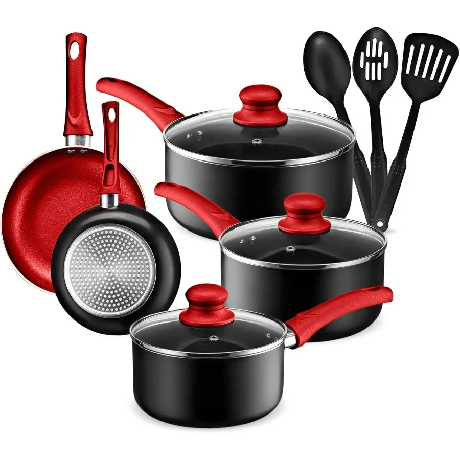 

Pots and Pans Set, Aluminum Nonstick Cookware Set, Fry Pans, Casserole with Lid, Sauce Pan, and Utensils, 11 Piece Cooking Set