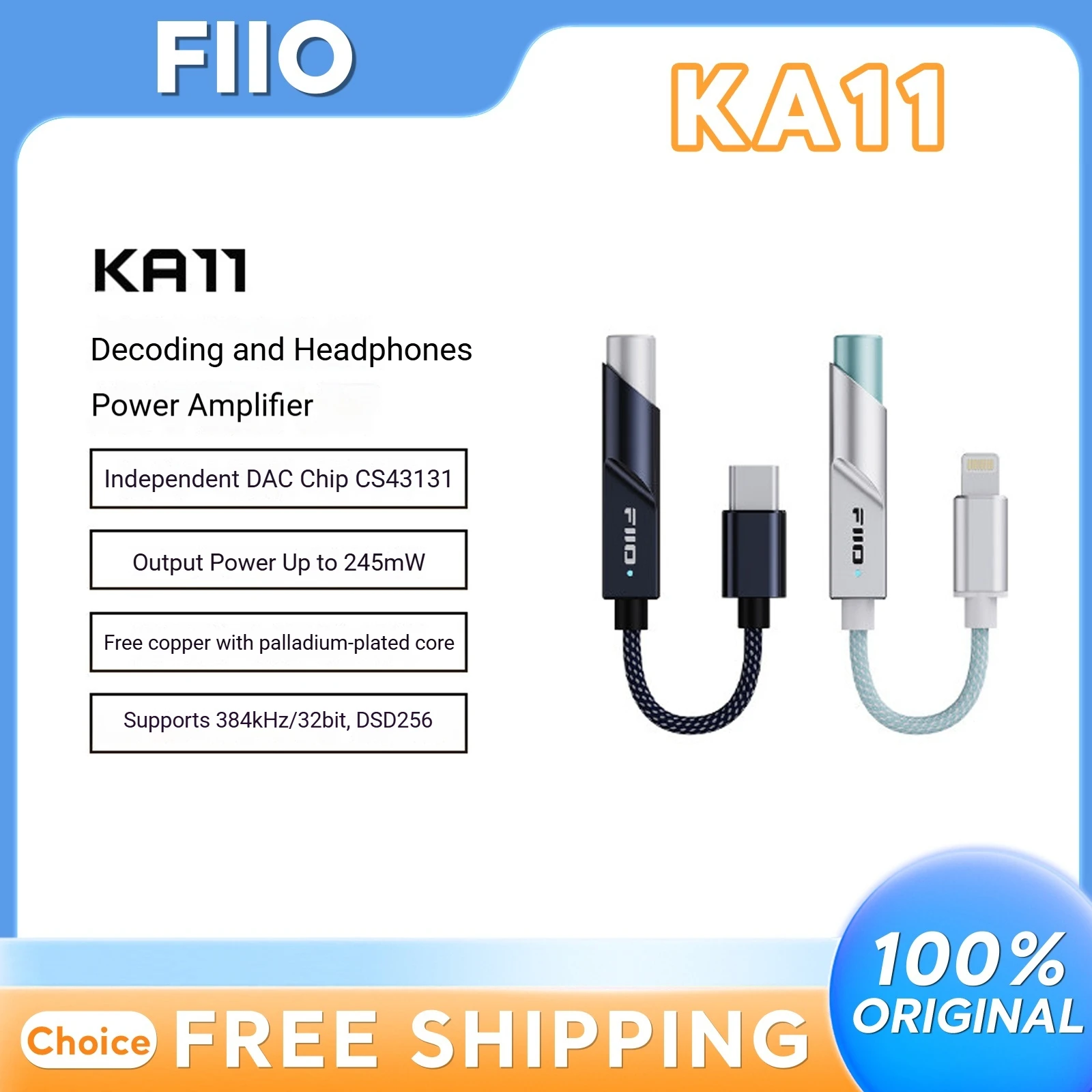 fiio-ka11-headphone-dac-amplifier-independent-cs43131-chip-245mw-output-support-384khz-32bit-dsd256-for-iphone-android-adapter