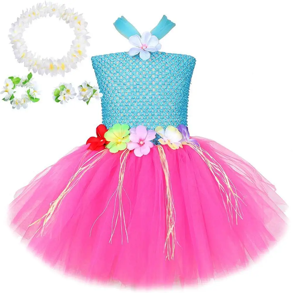 Flowers Hawaii Grass Costumes for Girls Hula Party Ballet Tutus Dresses for Kids Luau Dance Princess Outfit with Garland Ring