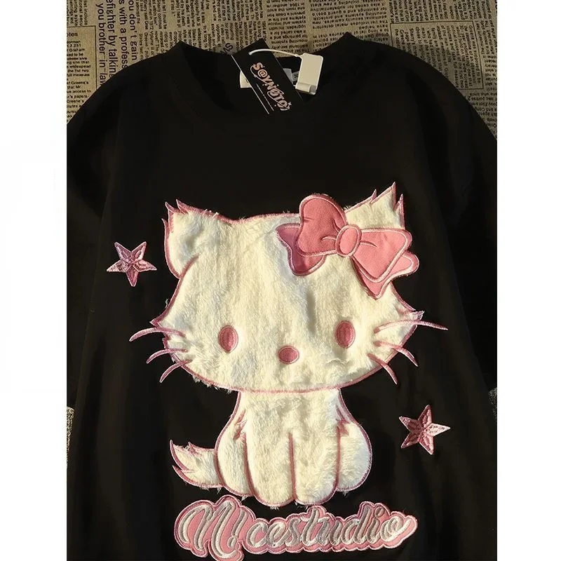 Sanrio Cute Hello Kitty ricamo estate nuova maglietta manica corta donna Patchwork Versatile top di media lunghezza Y2k Harajuku Tees