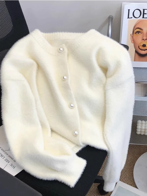 

Women's White Rabbit Fur Cardigan Jacket Spring & Autumn Lazy Style Loose Short Coat Round-Neck Mink Fur Knit Sweater