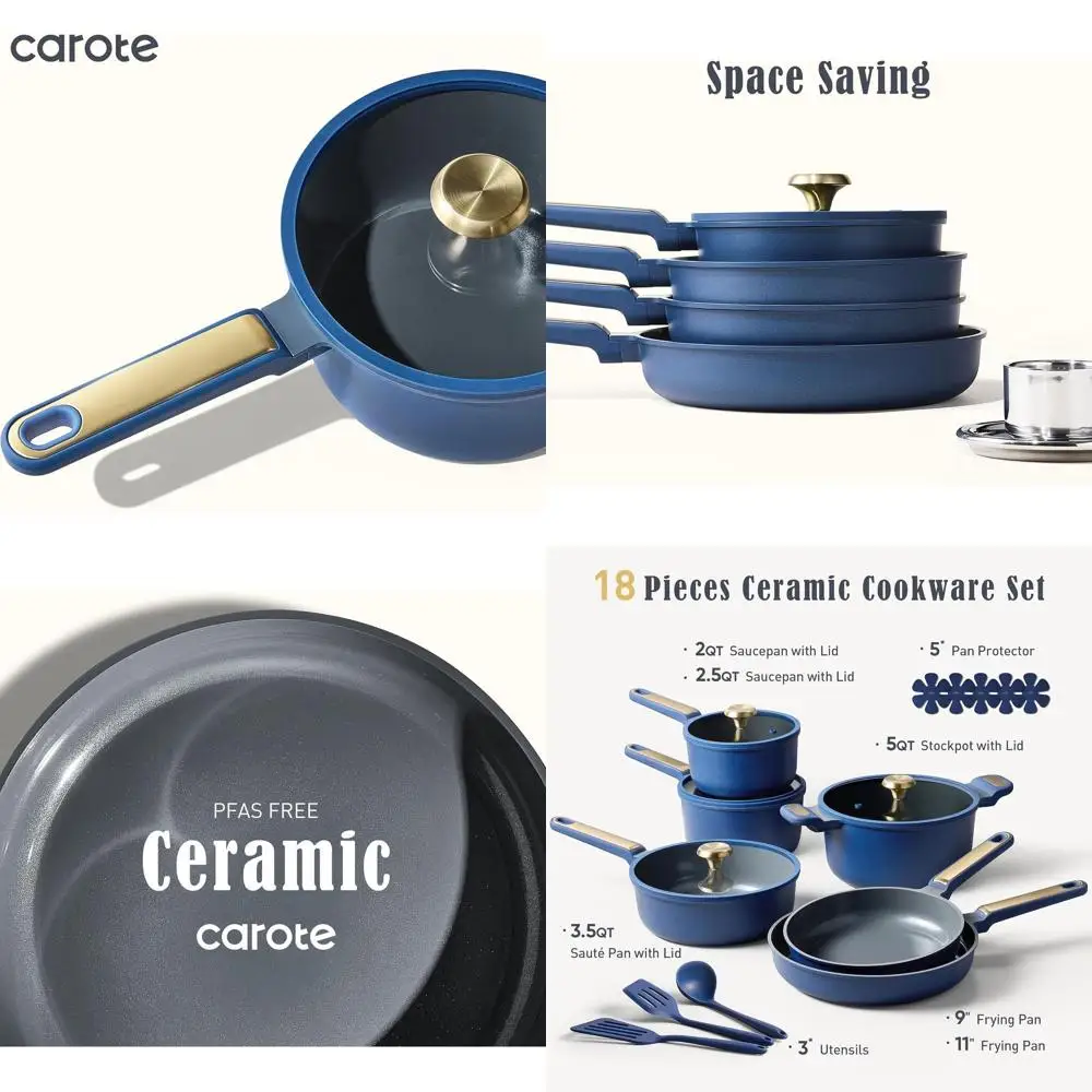 

Blue 18-Piece Non-Stick Cookware Set, Ceramic Pots and Pans, Kitchen Cooking Essentials, Non-Toxic, PFAS and PTFE Free