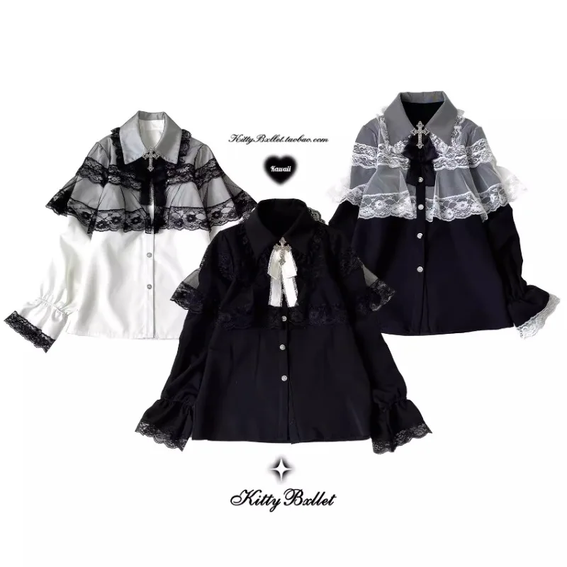 Japanese SC Mine Series Mass-produced Lace Bucket Long-sleeved Kawaii Shirt Sweet Single-breasted Y2k Blouse Women's Clothing