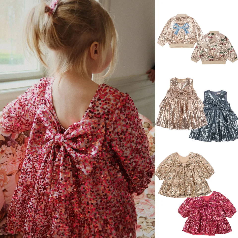 25 AW New Kids' Clothing KS Style Sequin Series Girl Party Cherry Jacket & Large Bow Dress Jumper
