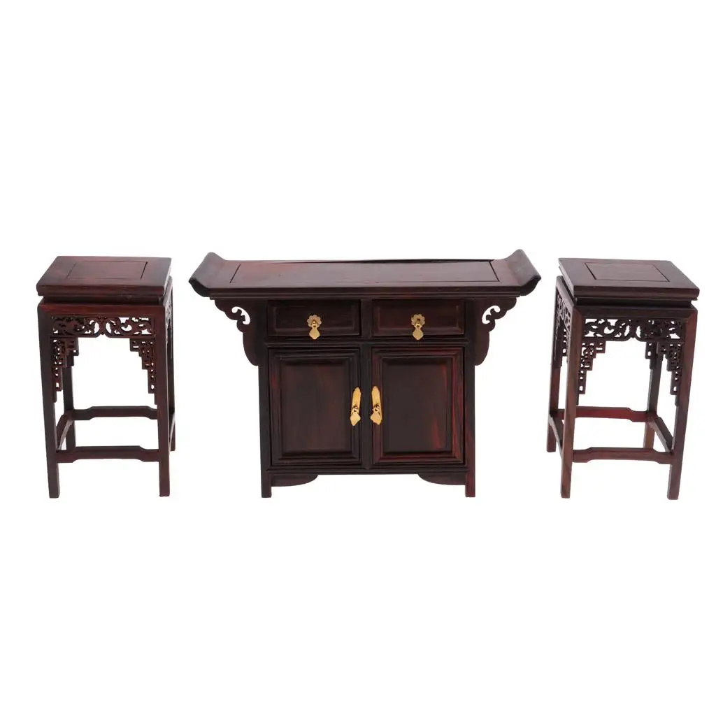 Handmade 1/6 End Tea Table Chairs Set, Vintage Chinese Style, Dollhouse Living Room Furniture Decoration, Kids Pretend