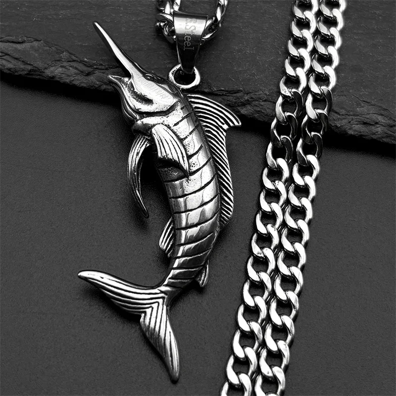 

Vintage Antique Swordfish Pendant Necklace for Women Men Stainless Steel Silver Color Retro Hip Hop Male Chain Jewelry Gift