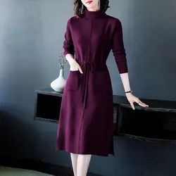 Turtleneck Knitted Dress Temperament Midi Dress Ladies Knitting Lacing Dresses Autumn Winter Elegant Pocket Vintage Dress Women
