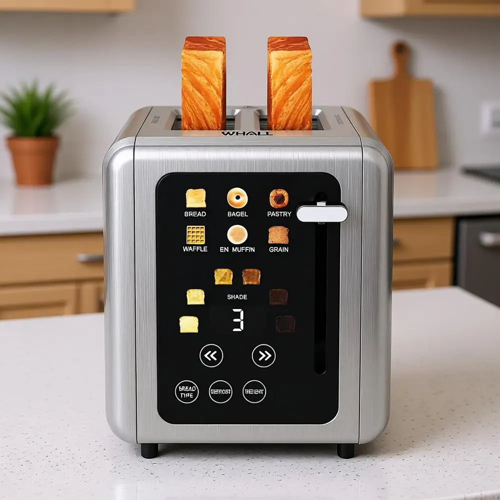 

Умный цифровой тостер на 2 тоста с широкими слотами (1,5 дюйма), 6 режимами обжарки и 6 типами хлеба, функцией памяти, таймером обратного отсчета, матовый, серебристый