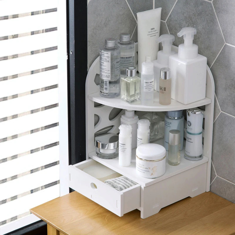 

No Punch Counter Storage Shelf Bathroom with Drawer Corner Shelf Desktop Cosmetics Dental Cup Organizer Shelf