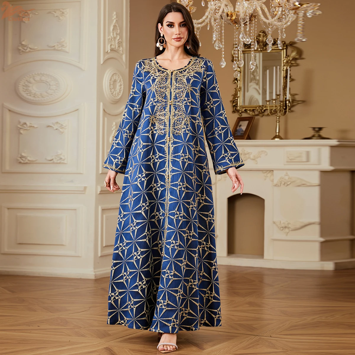 Uni Dubai Embroidery Abaya Luxury Woman Evening Dress O-Neck Beaded Moroccan Women Clothes 2025