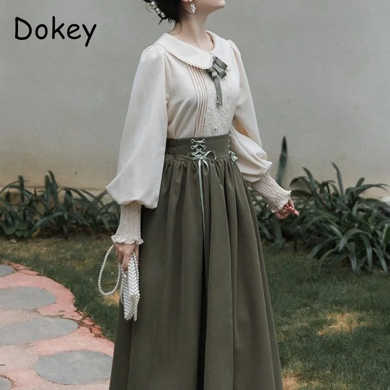 Vintage 2-teiliges Kleid-Set für Damen, japanischer süßer Peter-Pan-Kragen, Adrette-Hemd + eleganter, plissierter langer Rock mit hoher Taille und Schnürung