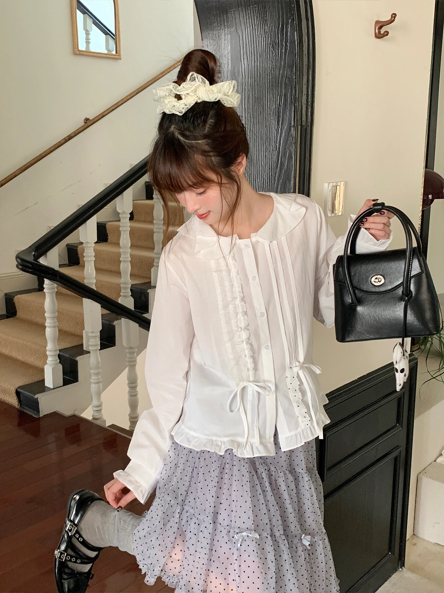 

BibiBency Sweet Sle Long Sve White Lace Collar irt Women's Spring Anti-Aging irt Breathable Cotton Casual irt