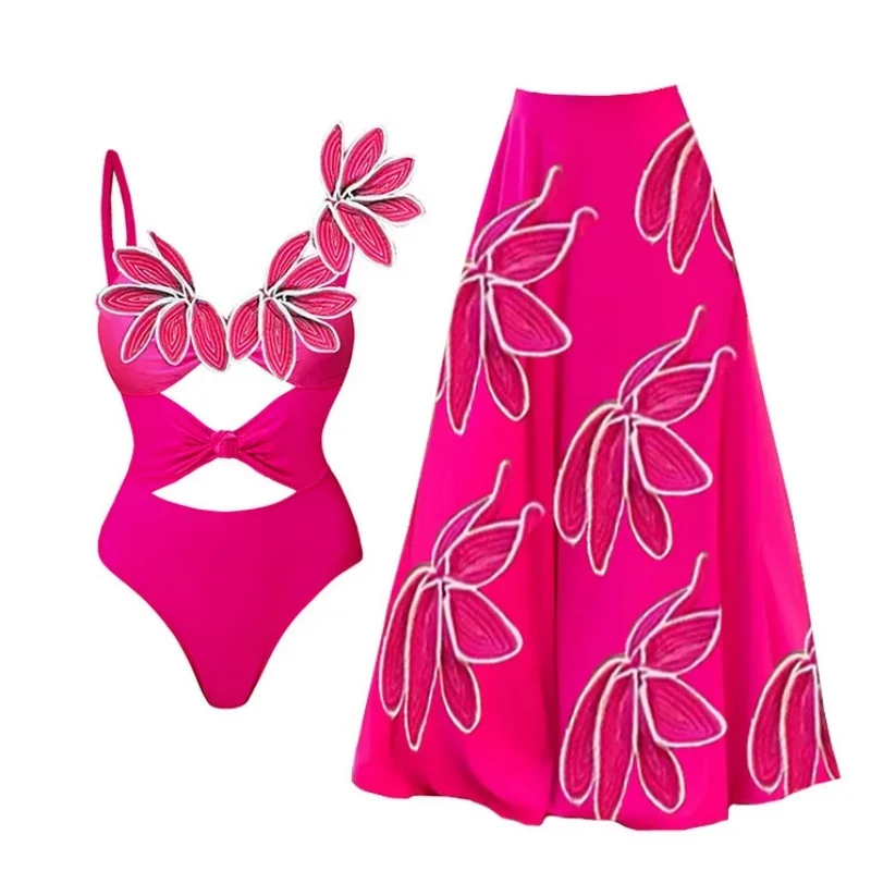 3D Red Flower One Piece Women Swimsuits set cut out Summer Swimwear Beachwear Bathing Suit bikini sets two-pieces Monokini