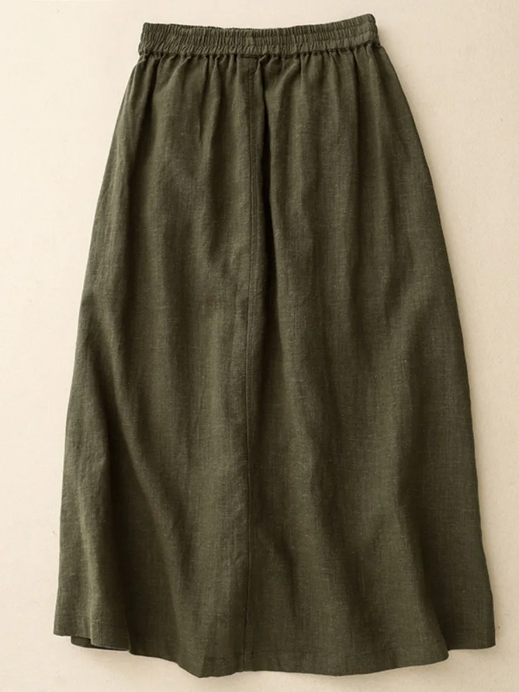 High Waist Cotton Linen Half Skirt Women's Spring Summer Mid-Length Casual Single Button A-Line Skirt with Slit
