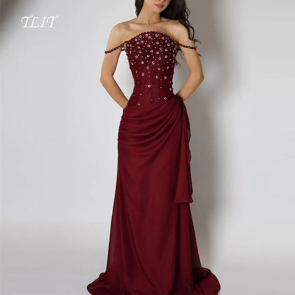 فستان سهرة طويل بحورية البحر باللون الأحمر الخمري من TLIT فستان رسمي للنساء العربيات السعوديات مزين بالكريستال بدون حمالات فستان مخصص