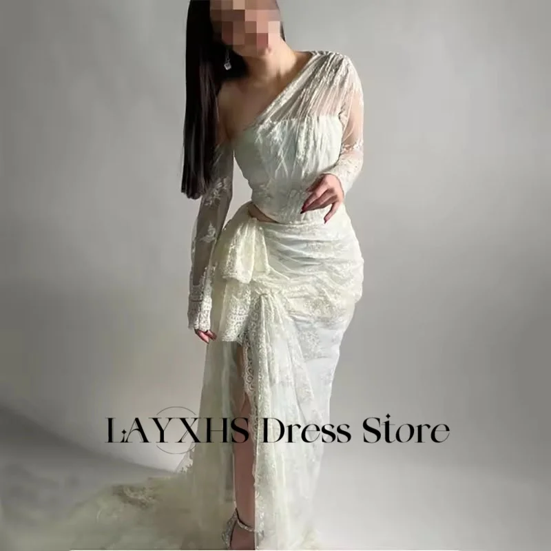 Koronkowe sukienki wieczorowe na jedno ramię z długim rękawem, syreni krój, wycięcie z boku, rozcięcie, falbany, sukienki na studniówkę, szyte na miarę فستان سهرة نسائي