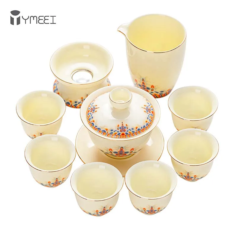 

YMEEI 9 Pcs Chinese Ceramic Tea Set Exquisite Hand-painted Flower Bird Pattern Porcelain Teapot Handmade Kettle Teacup Teaware