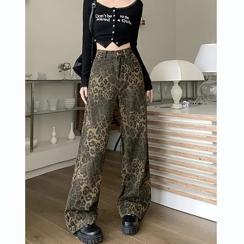 

Женские свободные прямые джинсы с леопардовым принтом, длинные брюки с высокой талией, винтажные брюки, весна-осень, новинка Faion для похудения