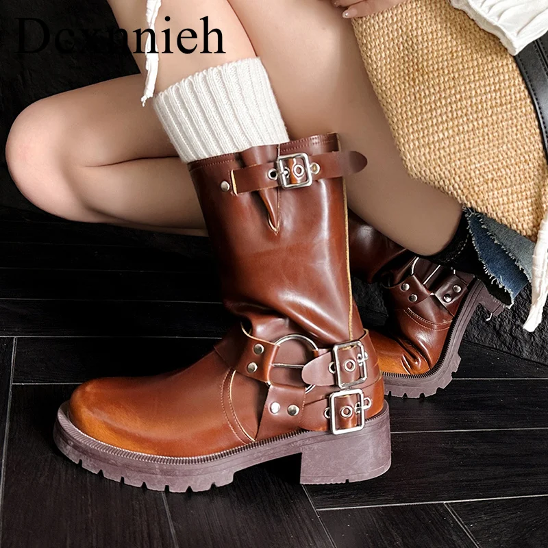 

Genuine Leather solid color Mid Calf Boot Women's Belt Buckle Decor Square heel Mid Length Boots Autumn Handsome Knight Boots