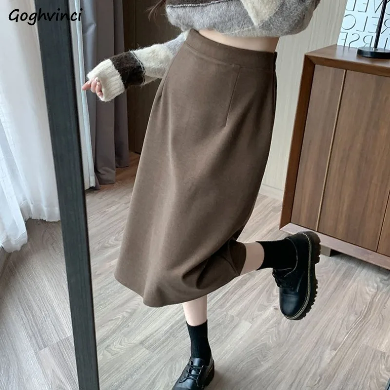 

Back-slit Black Skirt Women Elastic Waist Slim Retro Streetwear Autumn Winter Preppy Mori-girl All-match Midi Skirts Mujer S-2XL