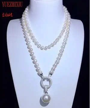 Natural fresh water shell pearl 8-9MM nearly round Long Necklace 16mm shell pearl Pendant temperament sweater chain 32INCH