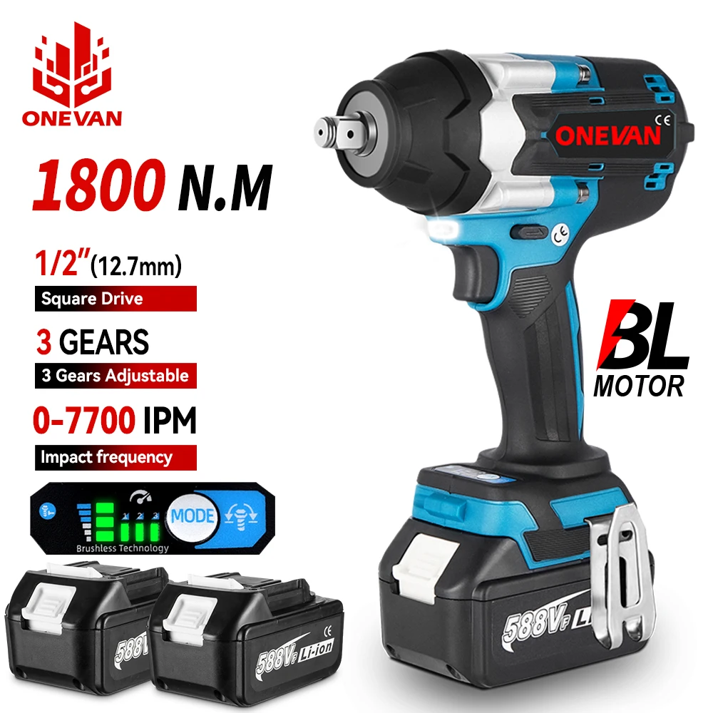 ONEVAN 1800N.M Torque Brushless Electric Impact Wrench with 588VF Battery 1/2