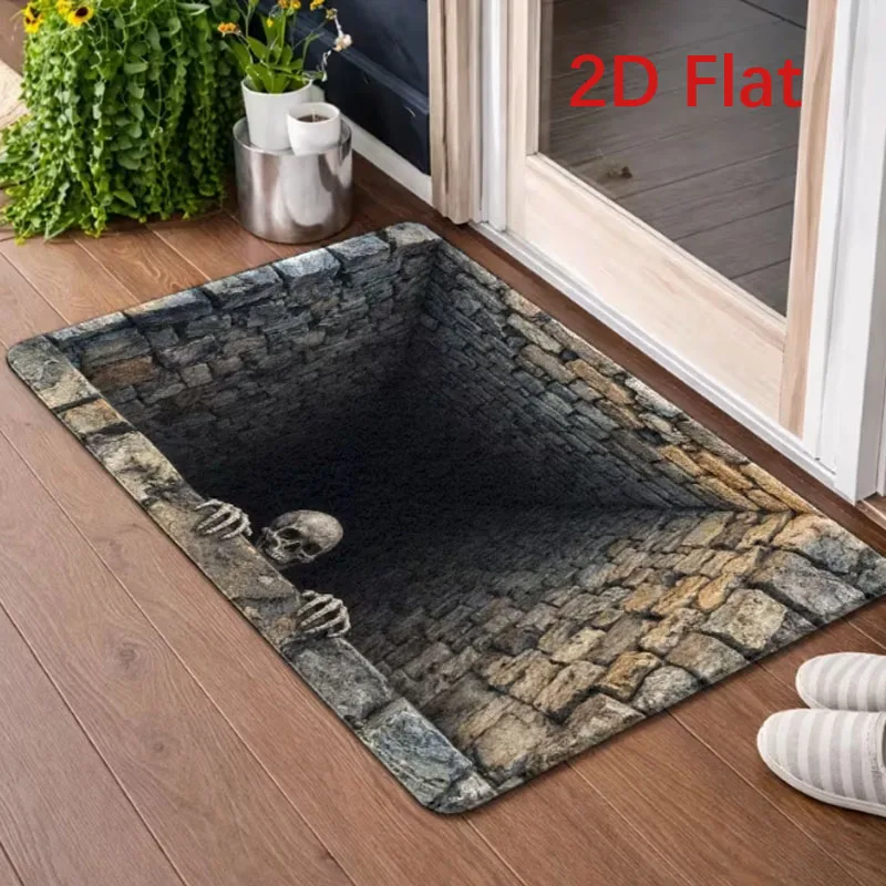 Halloween Trick Skeleton Stone Pit 3D Optical Illusion Flat Entry Mat Non Slip Absorbent Rug Party Bedroom Holiday Decor
