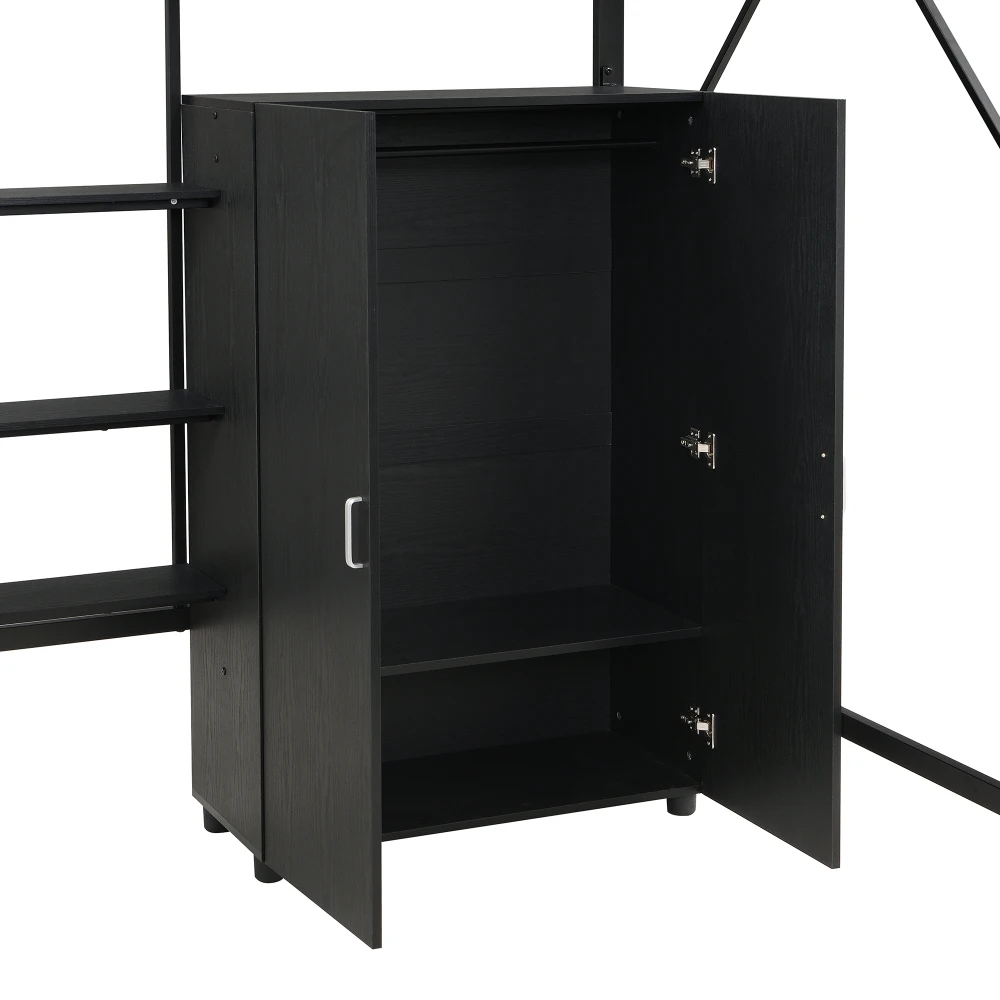 PINGGO Eisen-Hochbett mit Schreibtisch, Doppelstauraum, Kleiderschrank, Eisen-MDF, Schwarz, 140x200cm, ohne Matratze – Detail 20