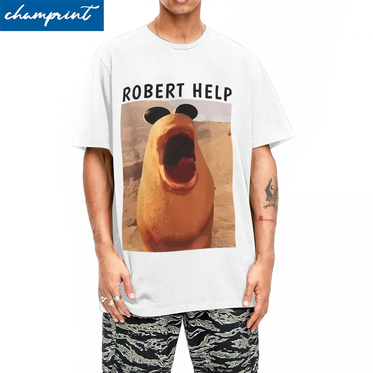 Marcus The Worm Robert Help Internet Humor T-Shirt Novelty Pure Cotton Tees Crew Neck Short Sleeve T Shirts Summer Clothing
