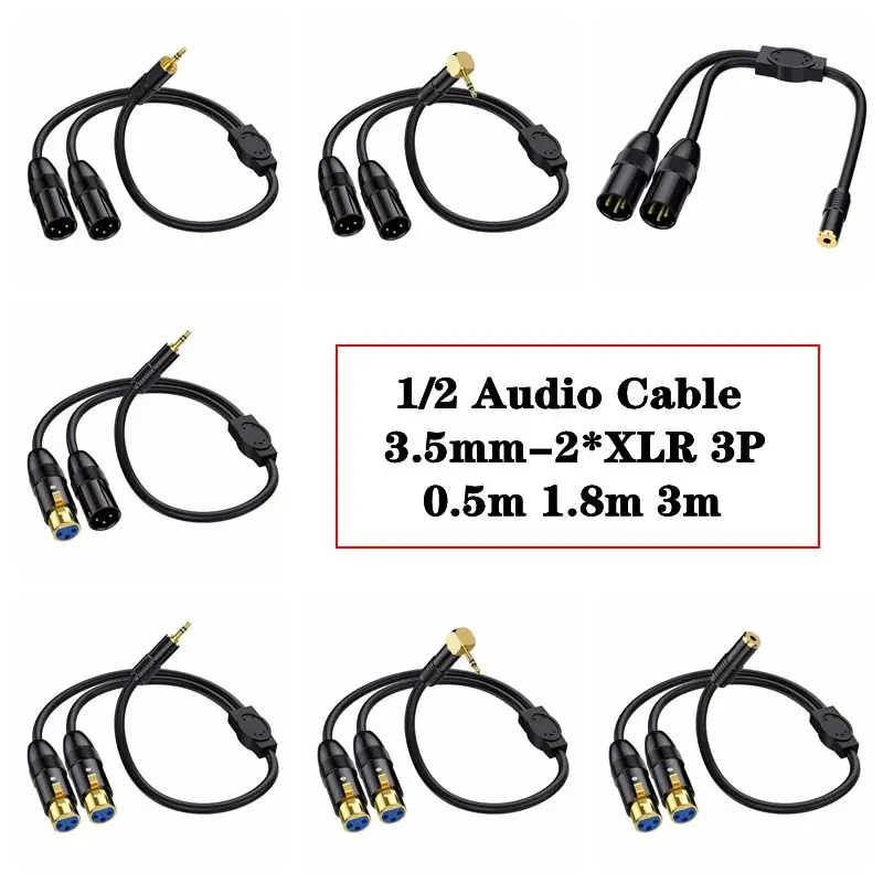 1/2 Bend Metal Shell Gold-Plated DC3.5mm Stereo Male To XLR Male Female Microphone Mixer, Speaker Amplifier, Camera Audio Cable