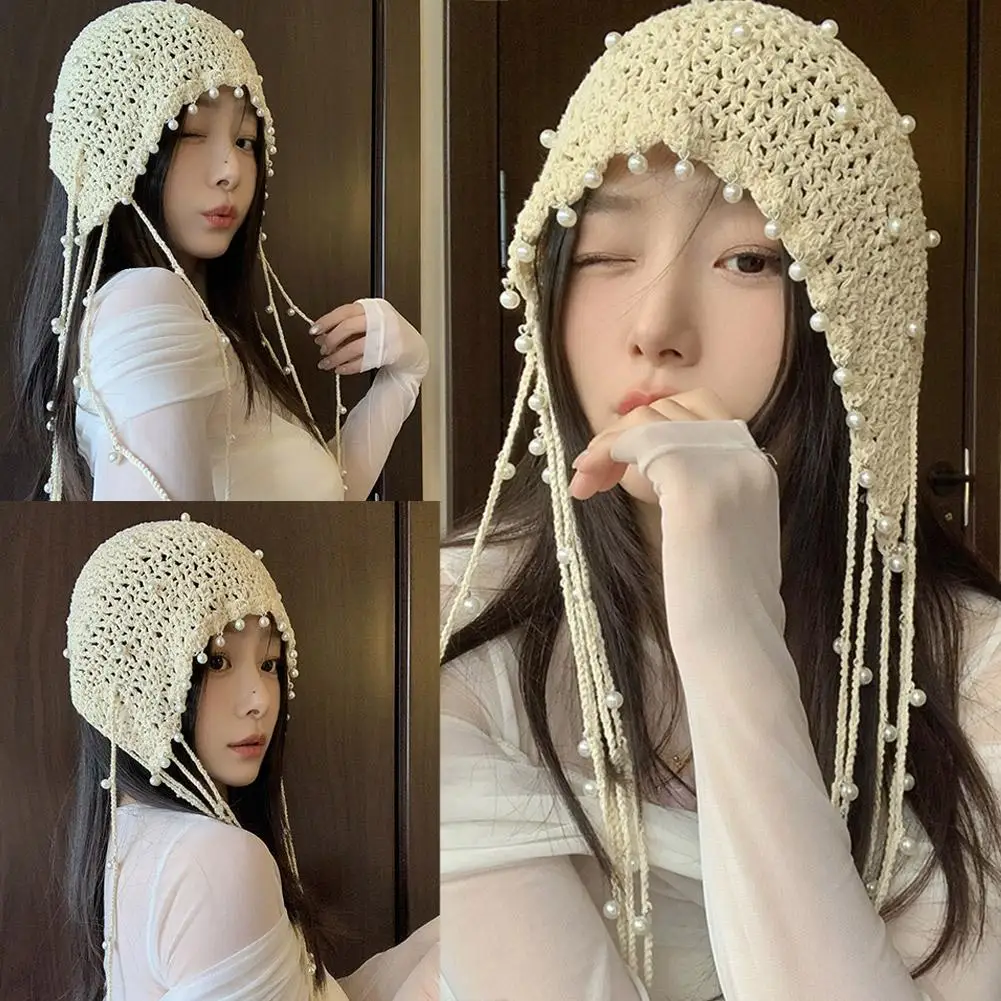 Korean Version Hollow Pearl Pendant Handmade Pullover Summer Beanies Strap Versatile Women's Fashion Photo Hat Tassel Trave I7K2