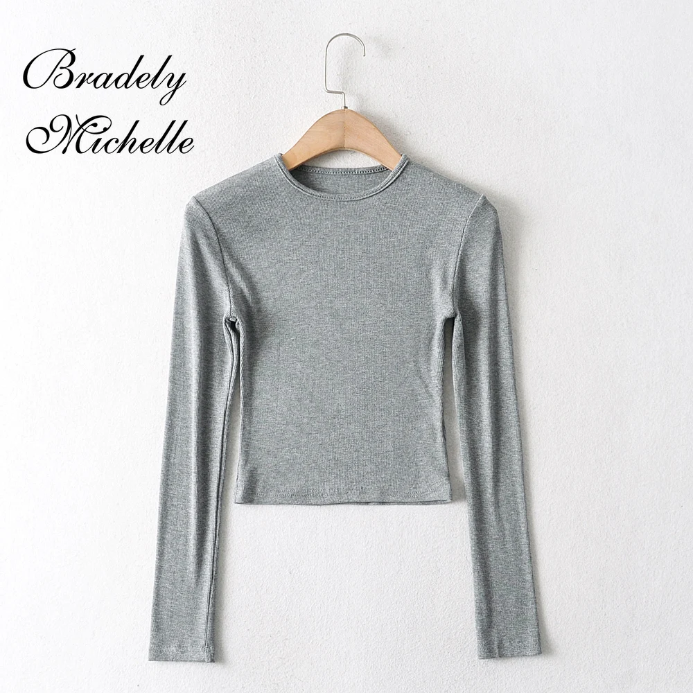 O-Neck New Solid Women Long Sleeve Short Tops Sexy Pullover Bottoming Blouses T-shirt Crop Top