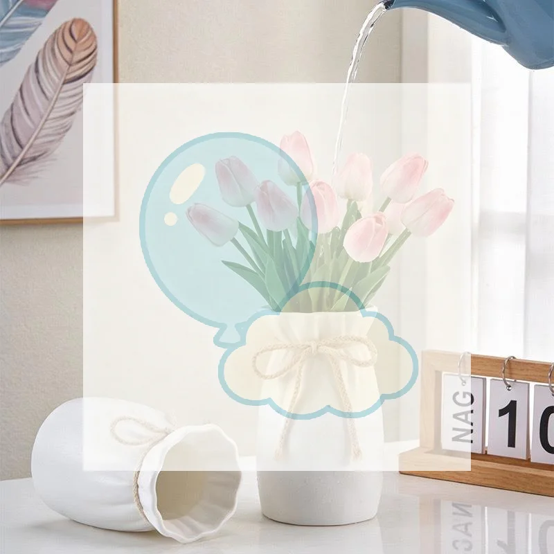 Wide Mouth Plastic Vase with Jute Rope Bow Decor White Rustic Farmhouse Flower Container for Living Room Table Decor