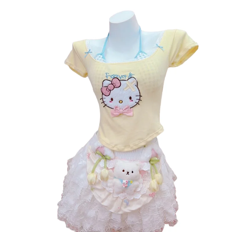 

Original Hello Kitty Spicy Girl Pure Desire Wind Sweet Cute Versatile Soft Girl Neck Hanging Sexy Lace Sling Cake Short Skirt