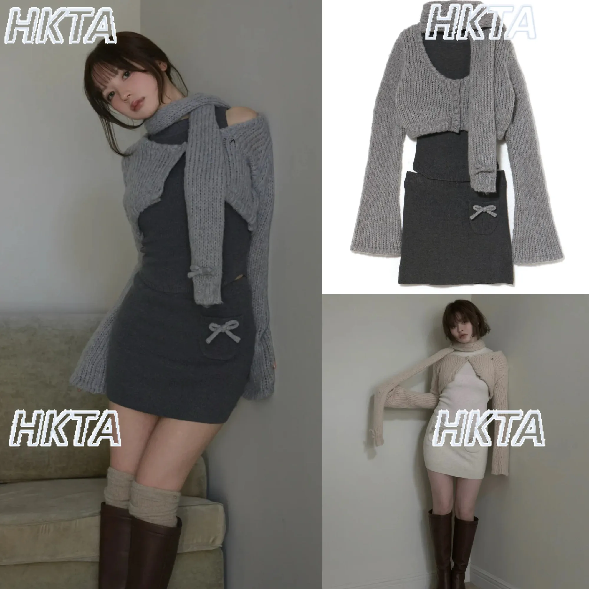 Japanese Sweet Waist Knitted Vest Long-sleeved Sweater Cardigan Jacket + Hip Mini Skirt + Warm Scarf Set Women's 3-piece Set