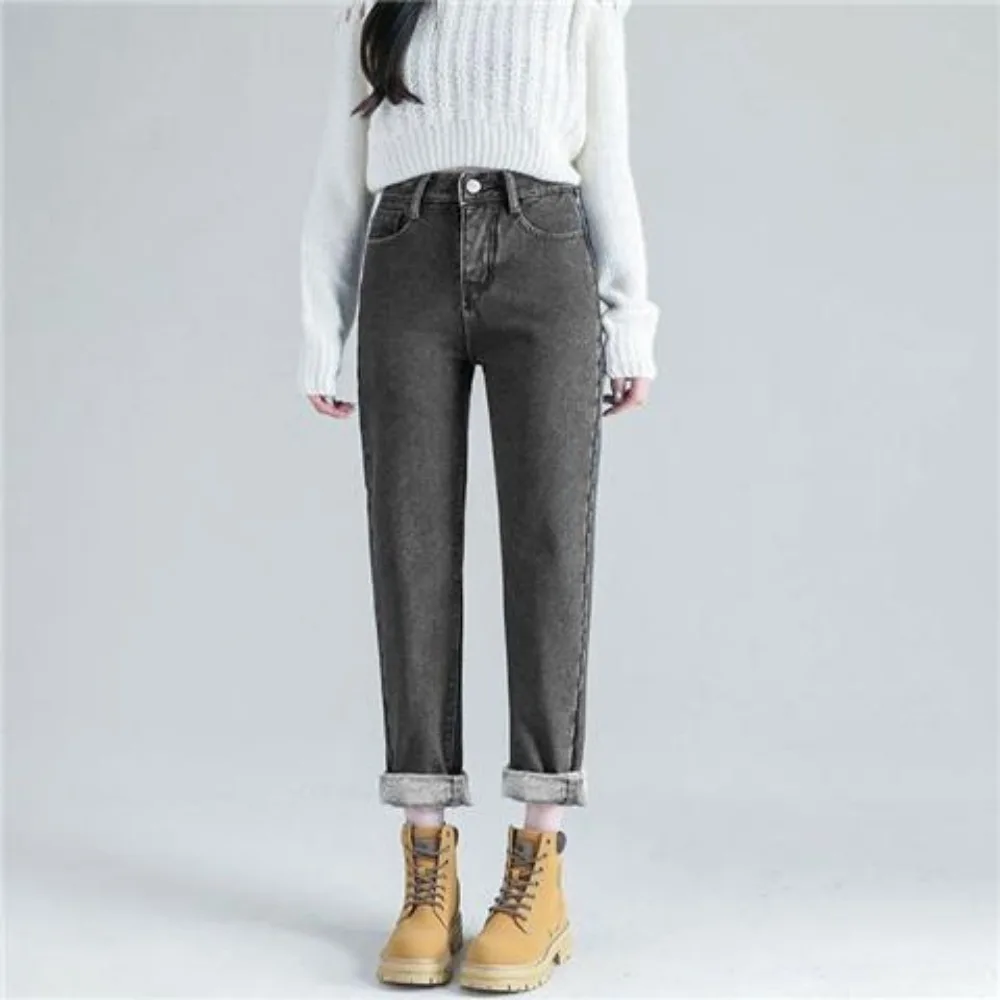 秋冬新作 プラッシュデニム ホワイト ハイウエスト ストレートレッグ デニム レディース ゆったり おしゃれ スモークパイプパンツ