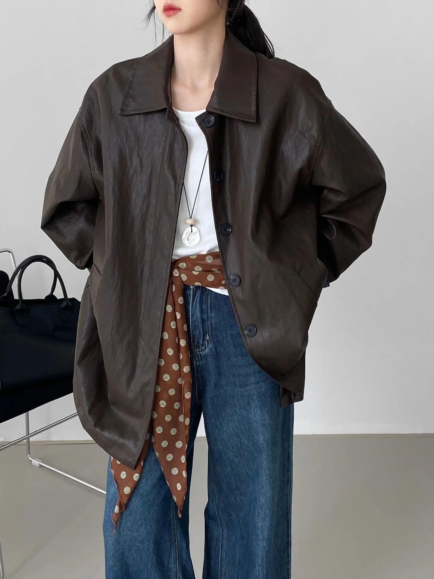 SuperAen rétro col Polo veste en cuir Pu femmes automne nouveau Style coréen mode décontracté Patchwork à manches longues manteau