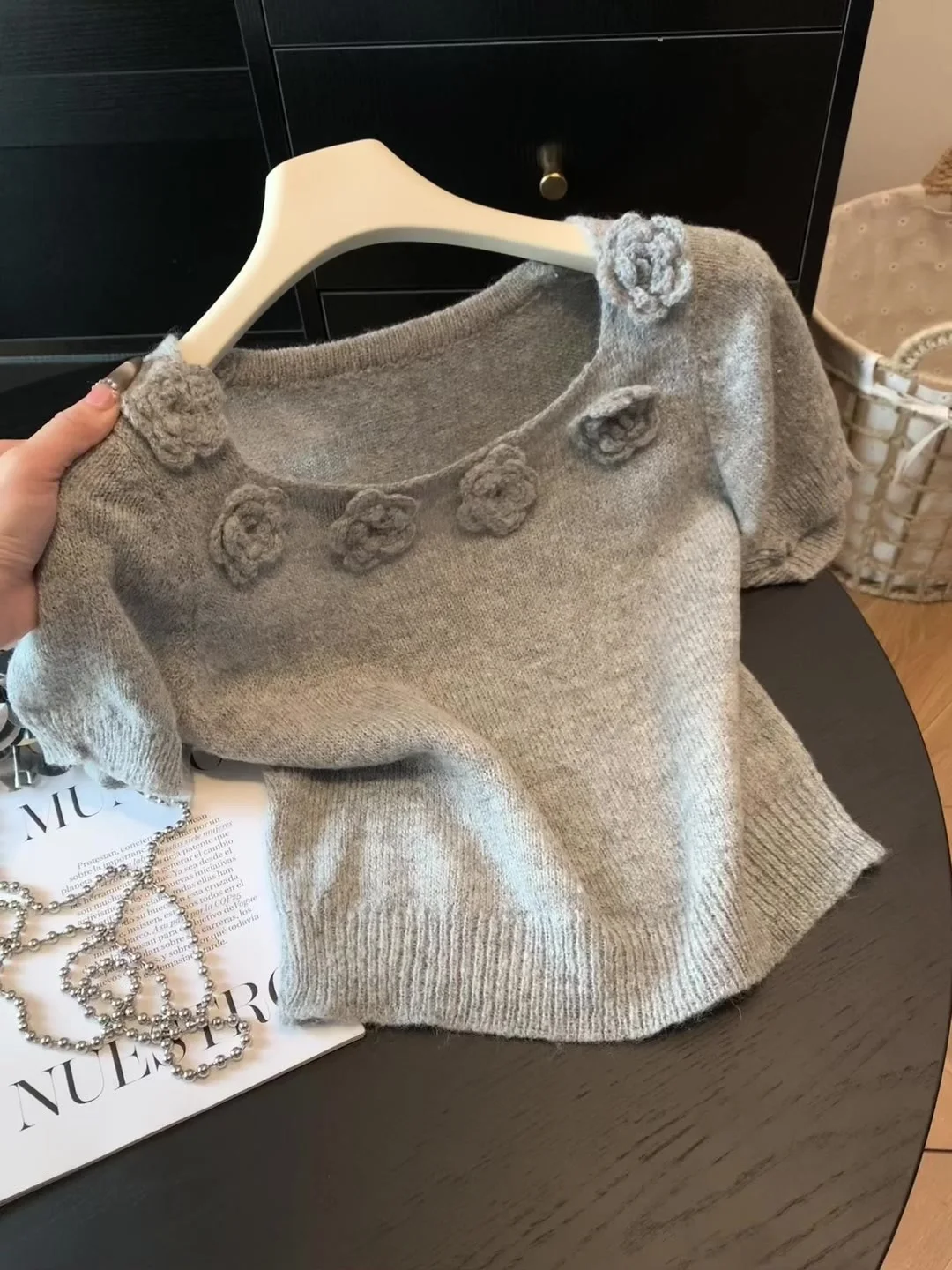Women's Grey Square Neck Short Sleeve T-Shirt Elegant Vintage Y2K Gyaru O-Neck T-Shirt Thin Slim Knit Tee Top for Women Summer