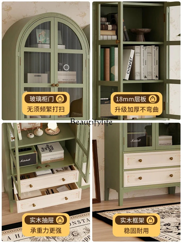

yj19 Vintage French Arch Dustproof Glass Door High Cabinet Handcrafted Cabinet Solid Wood